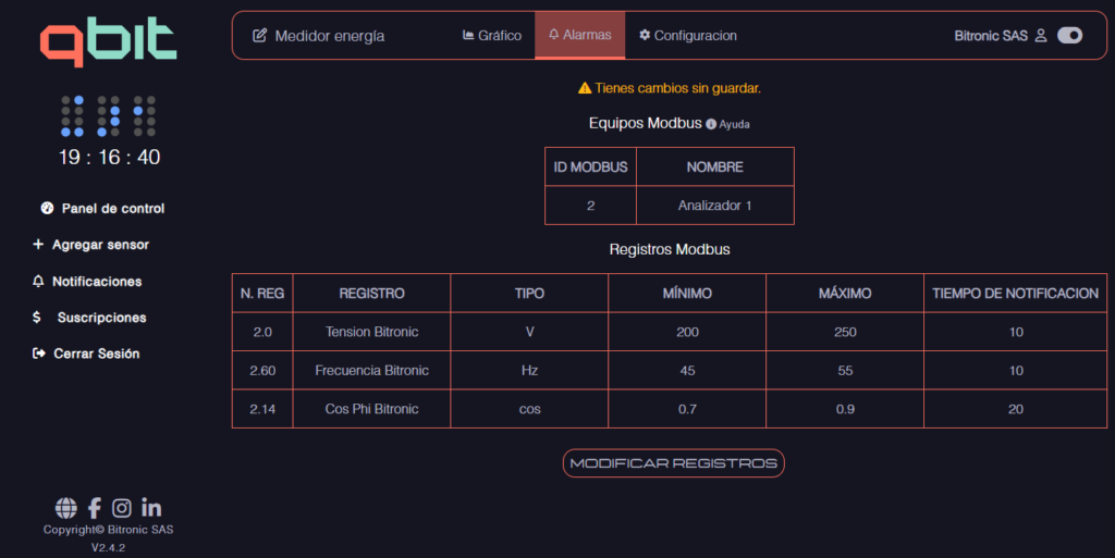 Vista de dashboard con sensores y alertas
